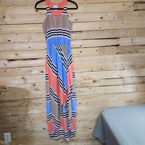 Addison Silk Maxi Dress Womens XS Multicolor Striped Colorblock High Low